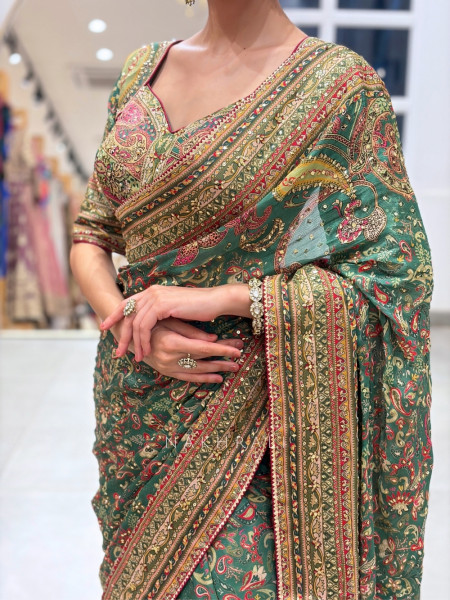 Talia Teal Green Chinon Crepe Silk Blend Saree