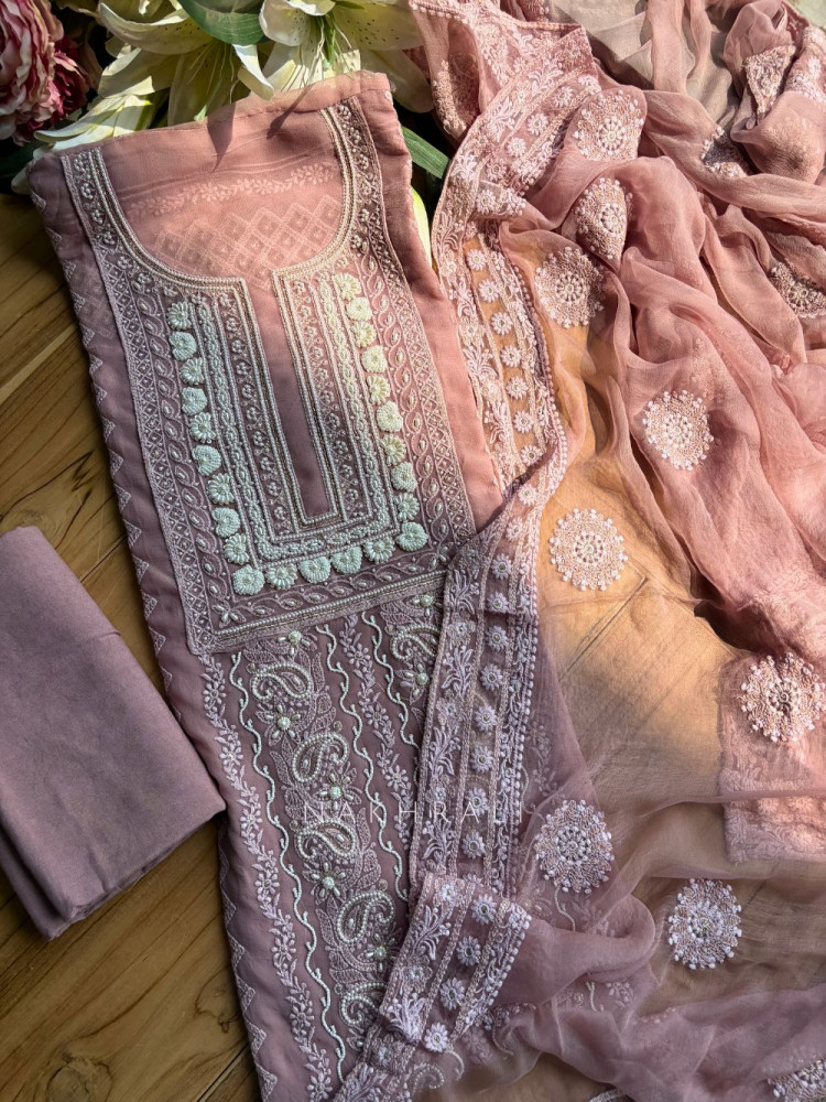 Image of Avarna Mauve Pearl Beads Embroidered Dress Material