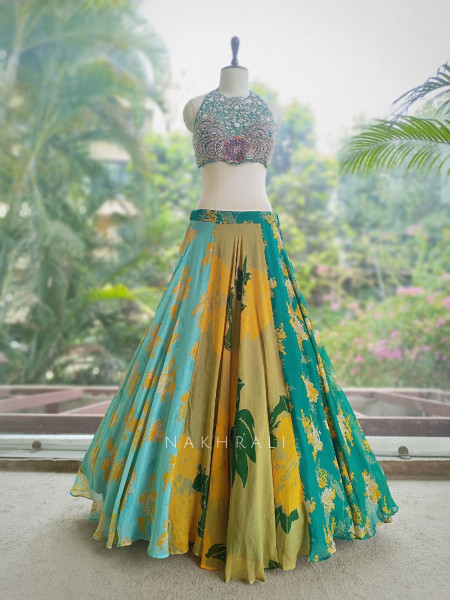 Harit Multicolour Indo Western Lehenga Set with Embroidered Blouse & Printed Skirt