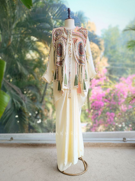 Elaria Cream Indo-Western Jacket Set with Embroidery