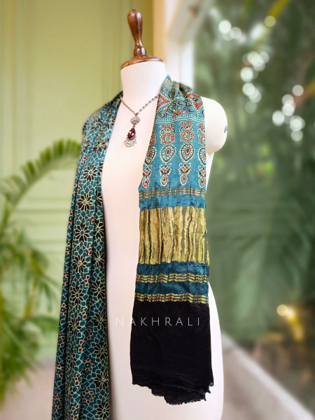 Navera Green Modal Silk Dupatta with Ajrakh Print