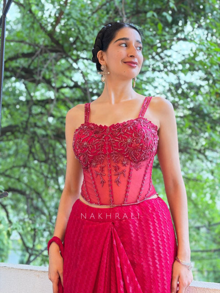 Magenta Sequin Mirror Drape Saree