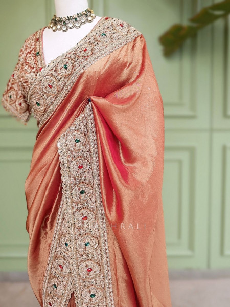 Bloomcrest Peach Embellished Saree with Readymade Blouse