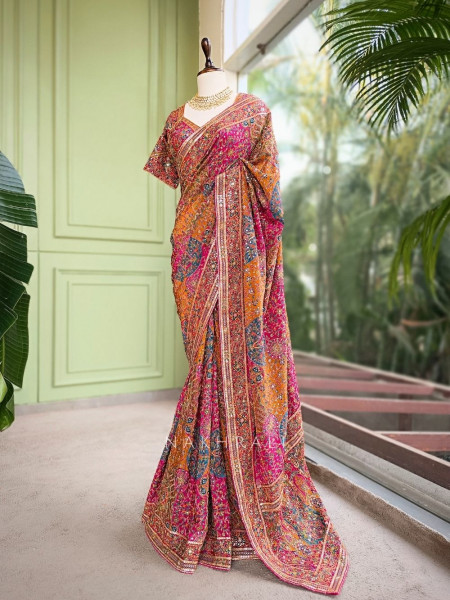 Mishka Magenta Printed Saree with Sequin Work