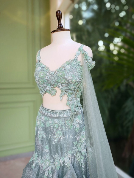Serenya Sea Green Indo-Western Lehenga Set with Floral Embroidery