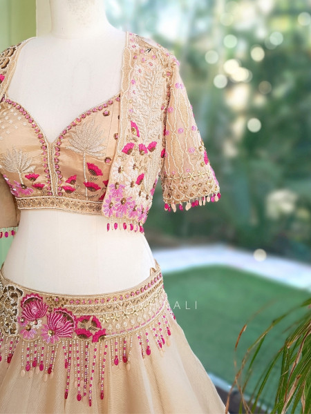 lily Golden Tissue Organza Lehenga Set With Jacket