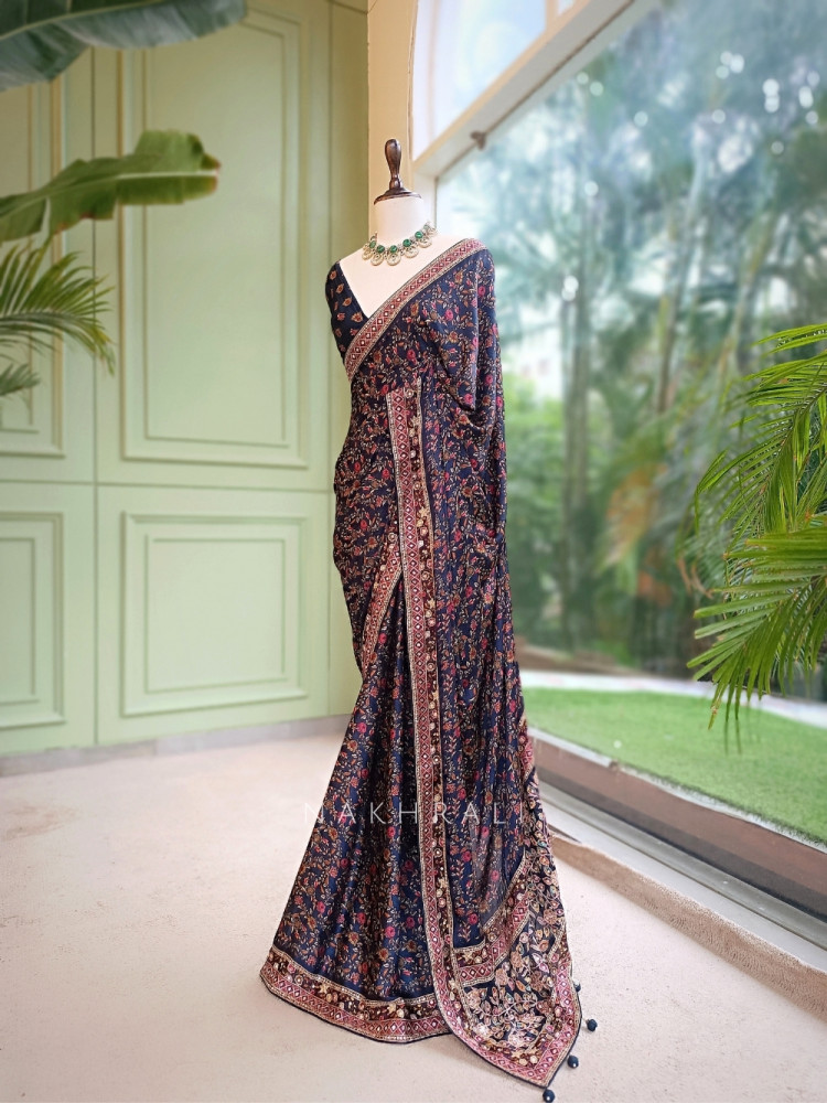 Image of Blue Floral Ajrak Modal Silk Saree