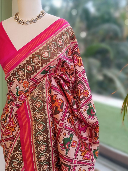 Varnamala Red Patola Silk Saree with Multicolor Elephant & Peacock Motifs and Zari Border