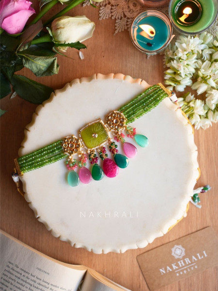 Vairi Multicolor Kundan Beaded Choker Set with Earrings & Maang Tikka