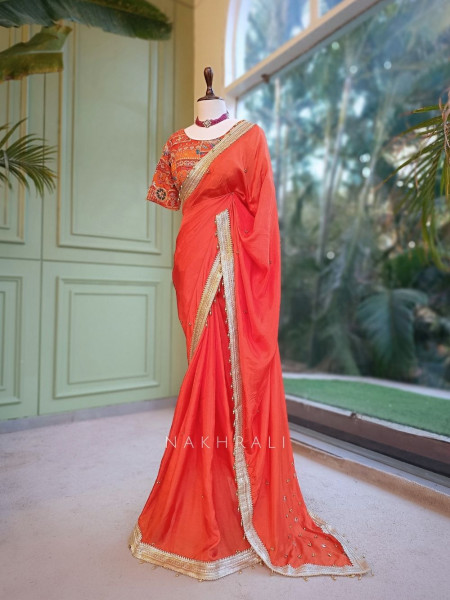 Rati Orange Saree with Gota Patti Border & Multicolor Embroidered Readymade Blouse