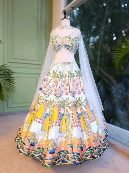 Royal Canvas White Printed Lehenga with Sequin Bead Work