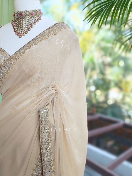 chandrika Golden Saree with Mirror Sequin and Cut Dana Border