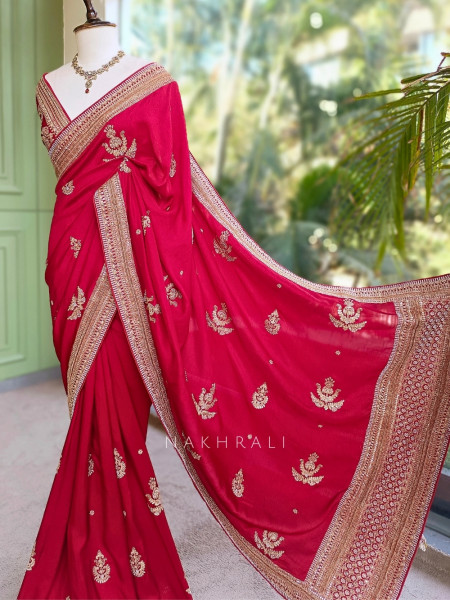 Tarang Cherry Red Saree With Zardozi, Pitta & Gota Patti Work