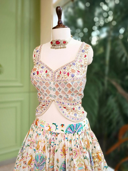 Elysian Cream Printed Lehenga with Intricate Detailing