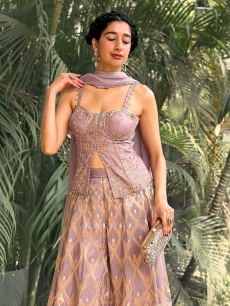 Zyelle Purple Chinon Palazzo Set with Hand Embroidery