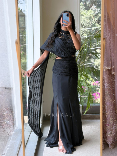 Shadowed Black Crushed Georgette – Pre-Draped Saree with Blouse