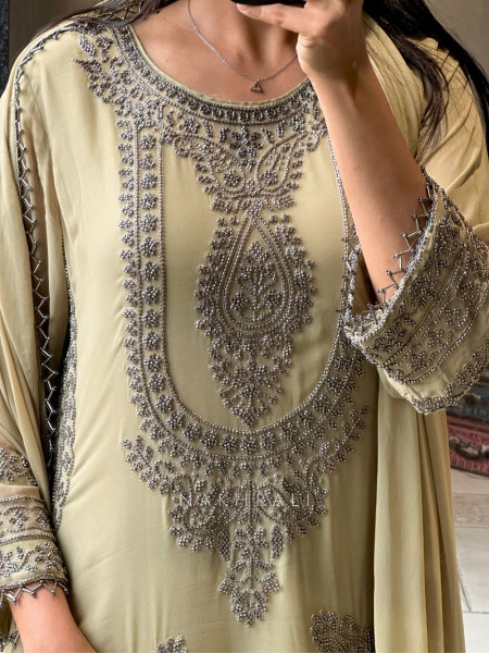 Ira Green Mehendi Georgette Suit Set with Zari Sequin Work