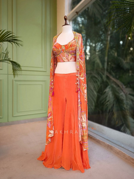 Vireya Orange Floral Cape Palazzo Set