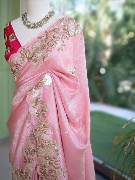Dimensional Petal Pink Saree with Running Blouse Piece