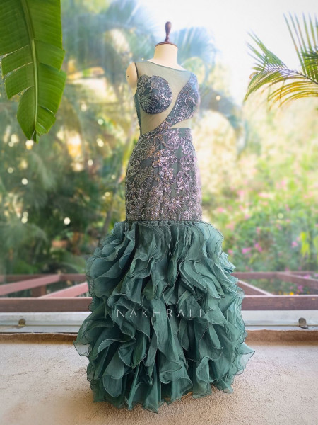 Serenad Teal Green Mermaid Gown with Sequin Embroidery