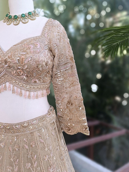 Kavros Beige Lehenga Set with Cut Dana & Sequin Work
