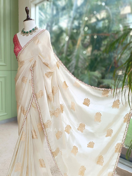 Kusumrekha Cream Georgette / Chinnon Silk With Saree with Contrast Running Blouse