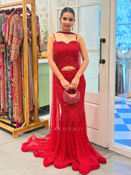 Elara Red Sequin Indo-Western Lehenga Set