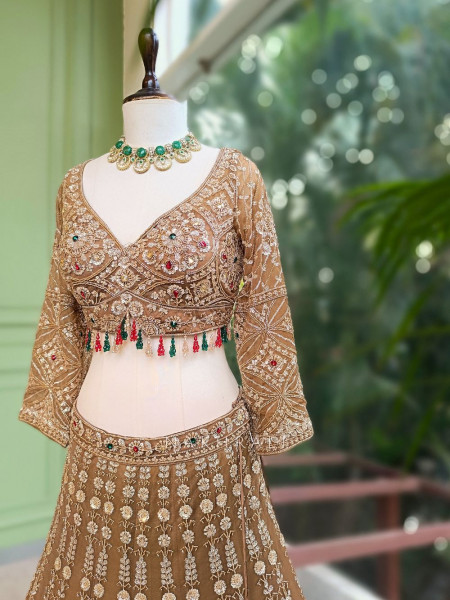 Rajvan Brown Net Lehenga Set with Cut Dana Sequin Work