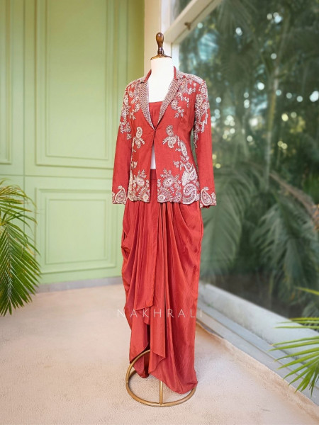 Velira Rust Embroidered Crop Top Skirt Set with Jacket