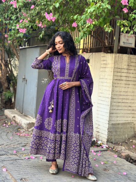 Neelohit Purple Cotton Anarkali Printed  Suit Set with