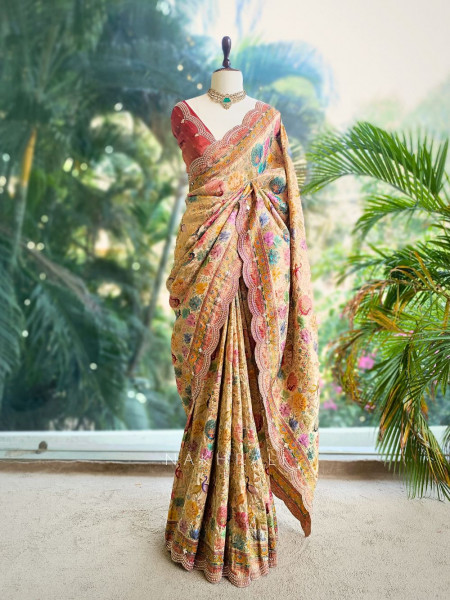 Anvika Beige Saree with Cut Dana and Sequin Work