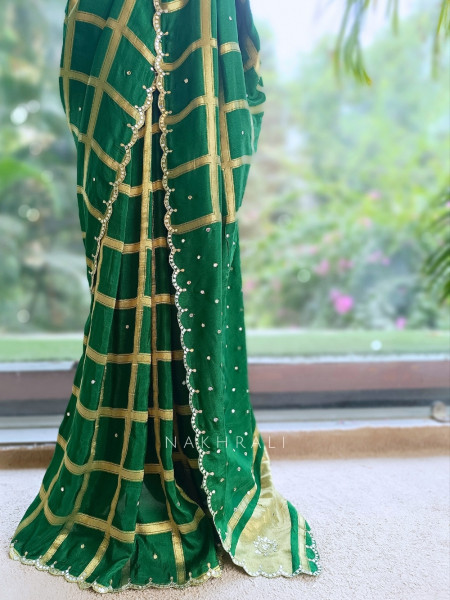 Asmi Green Chinon Silk Zari Check Saree
