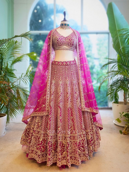 Royal Vermilion Magenta Bridal Lehenga with Intricate Zari Work