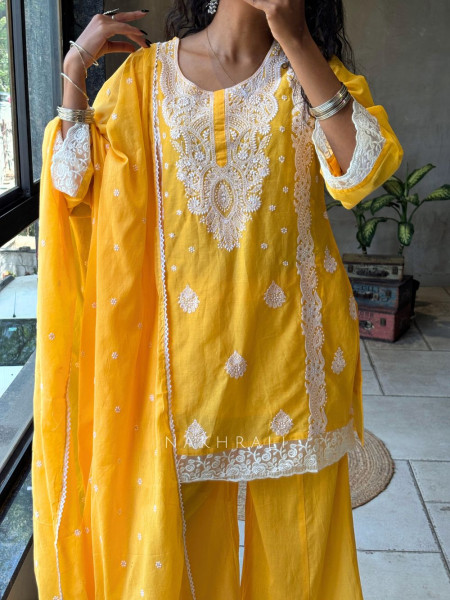 Meher Yellow Cotton Blend Chikankari Kurta Set with Lace Detail