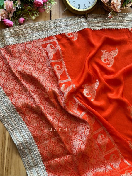 Tavira brick Saree with Broad Border and Unstitched Blouse Piece