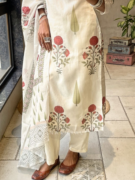 Nuvira Cream Kota Doria Suit Set with Floral Print