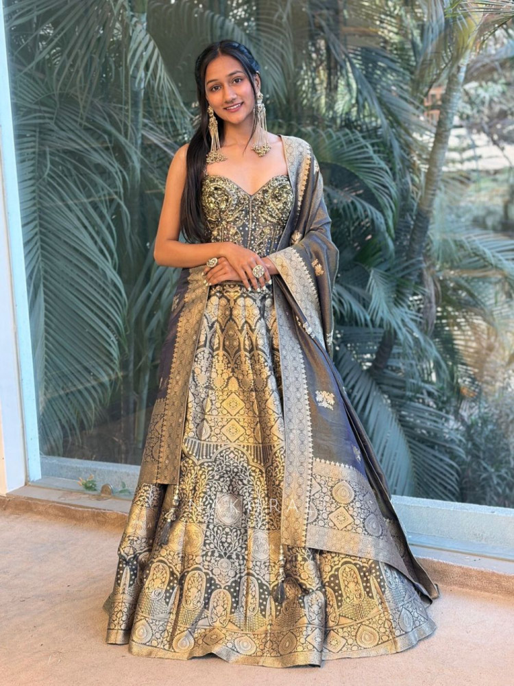 Image of Sunehra Grey Banarasi Silk Bridal Lehenga with Zari &amp; Sequin Embroidery
