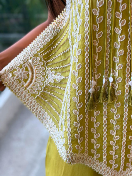 Citrine Parrot Green Indo Western Palazzo Set with Bead Work & Tassel Neck Detail