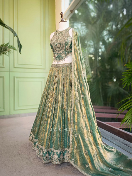Mirelle Sea Green Lehenga Set with Embroidery and Mirror Work