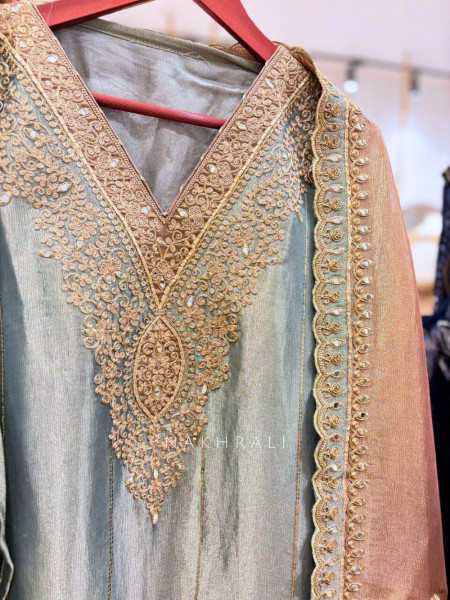 Ravika Sea Green Dress Material with Mirror Gota Patti Work