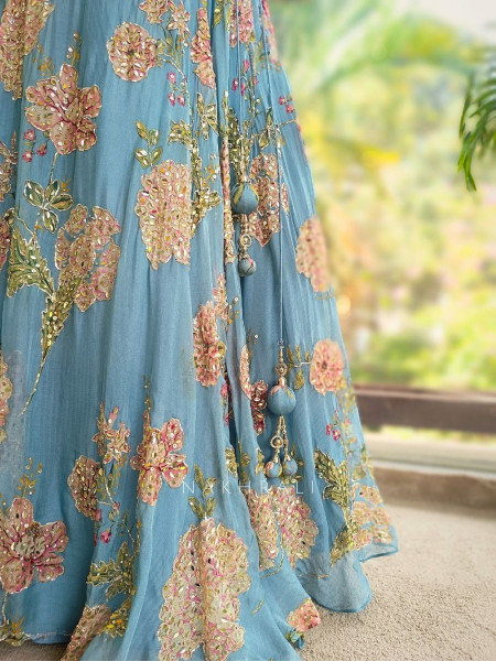 Vihana Sky Blue Lehenga Set with Floral Print and Sequin Work