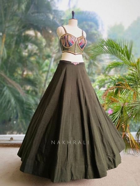 Arvaya Olive Indo Western Lehenga with Beaded Corset and Printed Jacket