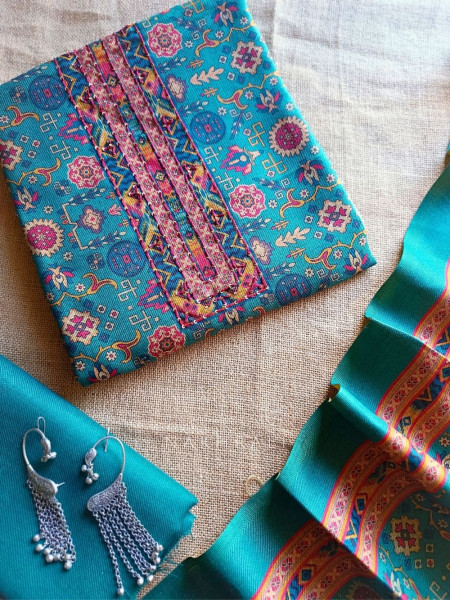 Heritage Rama Green Woolen Printed Dress Material