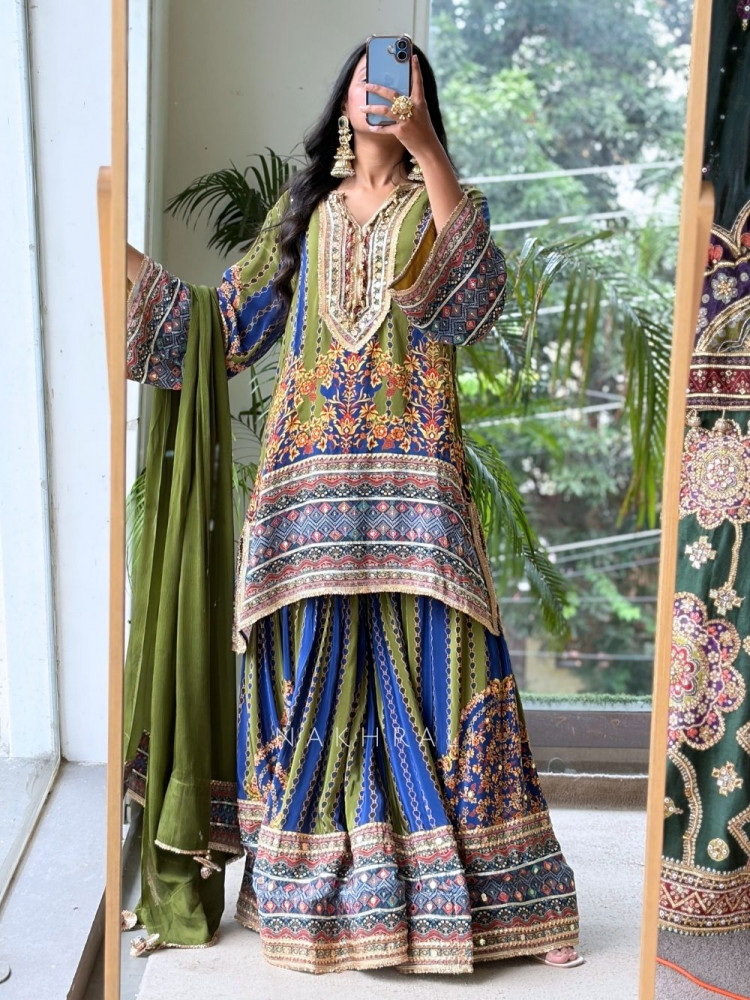Image of Olive Oasis Olive Green Modal Satin Gharara Suit Set