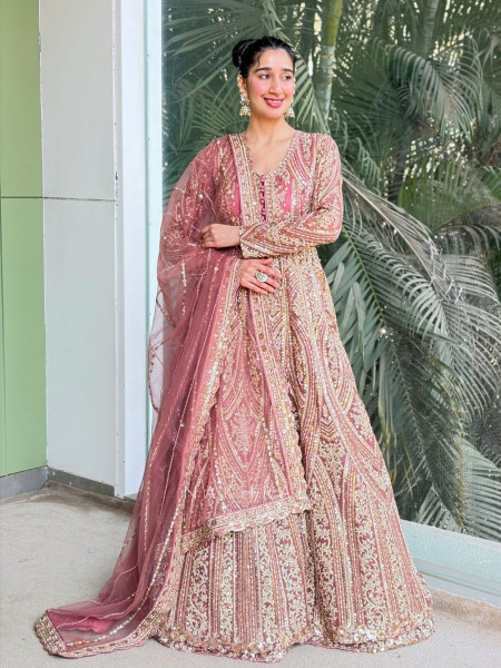 Blush Bloom Pink Achkan Pattern Lehenga with Zari Sequin Work