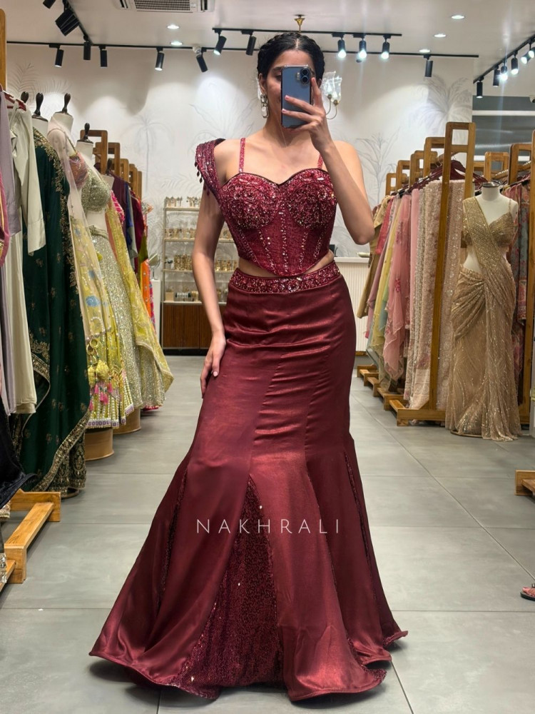 Image of Sorvella Wine Indo-Western Skirt Set with Sequin Corset