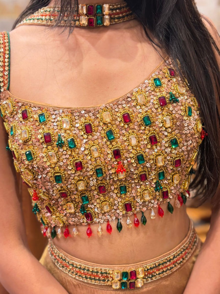 Sorina Golden Indo-Western Lehenga Set with Sequin and Stone Work