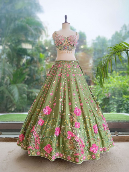 Amoret  Green Raw Silk & Tulle Carnival Lehenga Set With 3D Floral, Cutdana & Cowrie Work