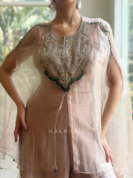 Rivasha Light Pink Kaftan Set with Sequin and Bead Embellished Yoke