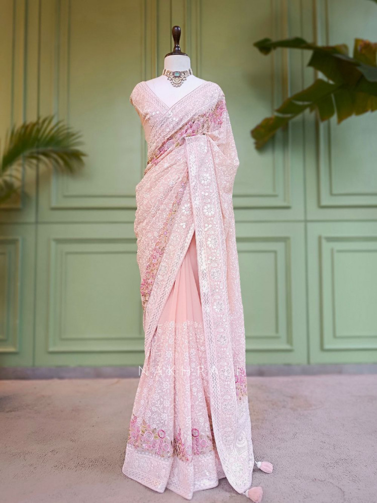 Image of Ecru Grace Pink Embroidered Elegance Saree with Sequin Detailing